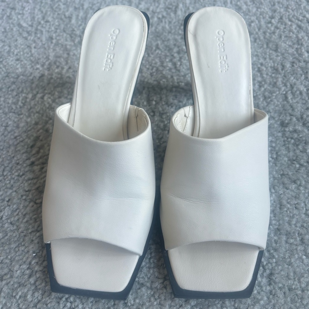 Open Edit Leather Heeled Mule Sandal with Contrast Heel